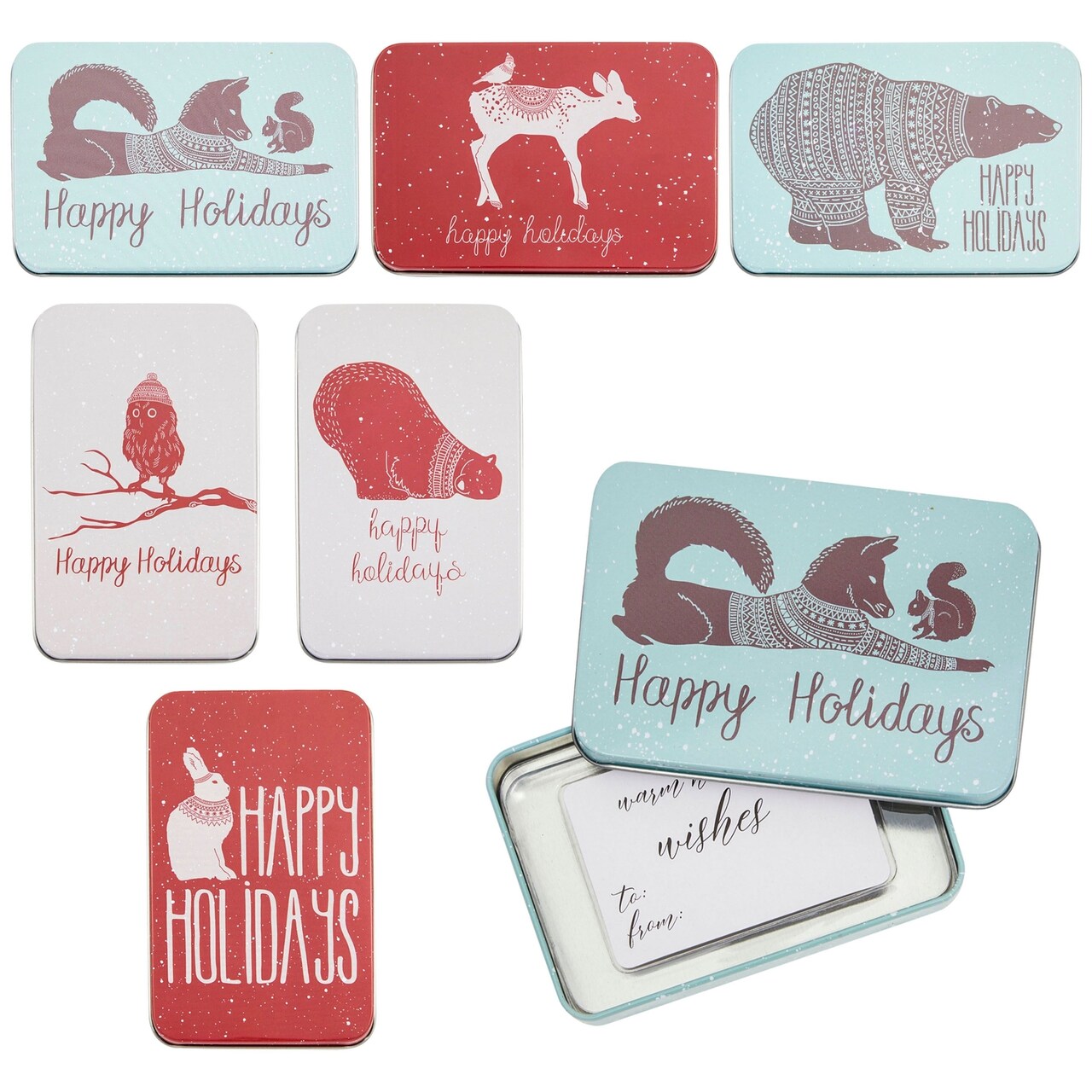 6 Pack Tin Christmas Gift Card Boxes With Lids for Stocking Stuffers, 6 Winter Animals Designs (5 x 3.25 In)